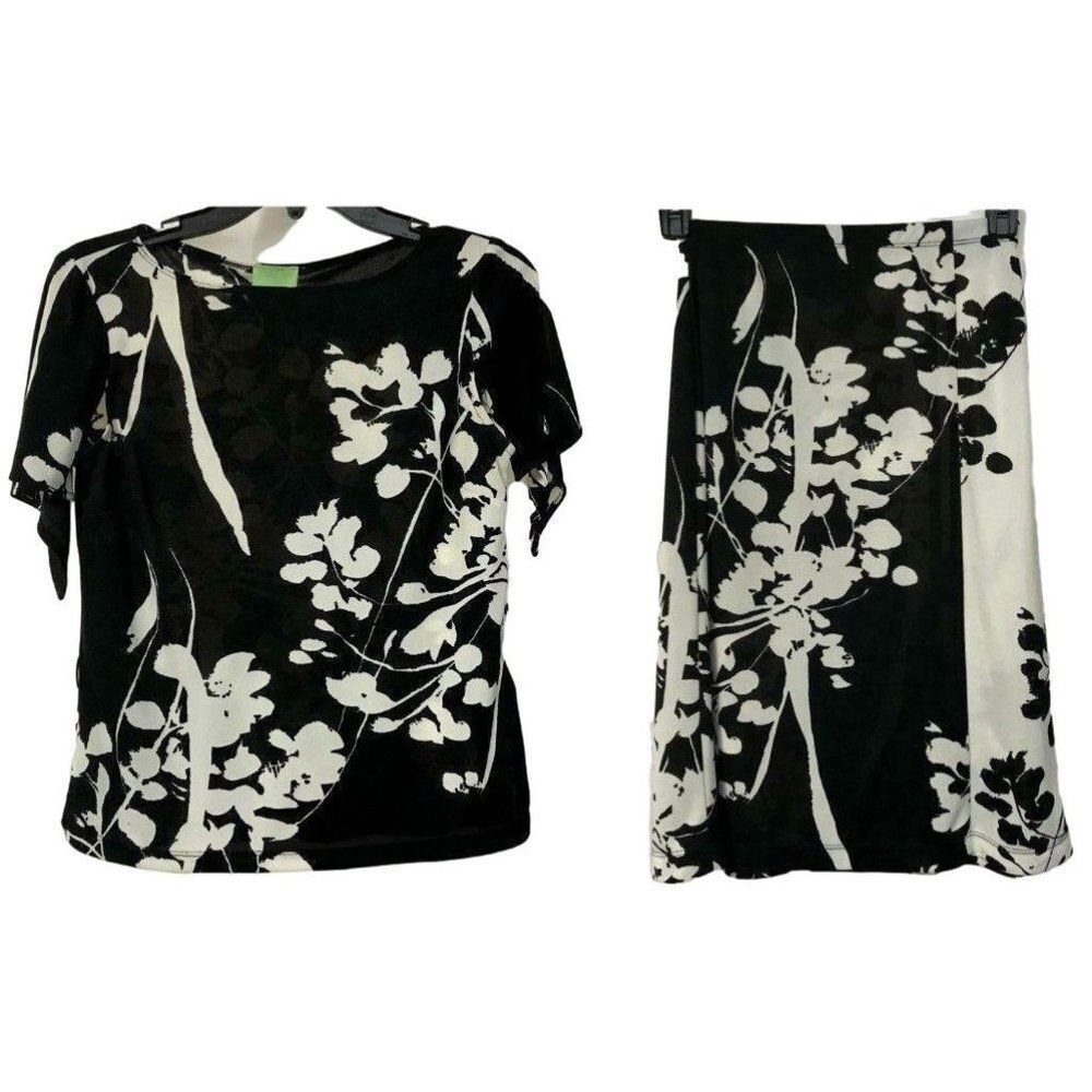 Citrine Skirt & Blouse Black & White Floral Pullover Top Pull-On Skirt Sz 4